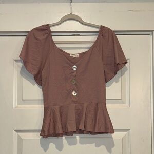 Elegant Brown Peplum Blouse with Button Accents